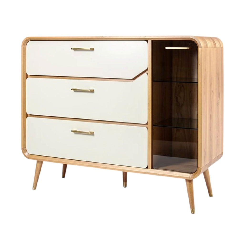 **Titel: Moderne Houten Dressoir met Glas en Gouden Accenten**