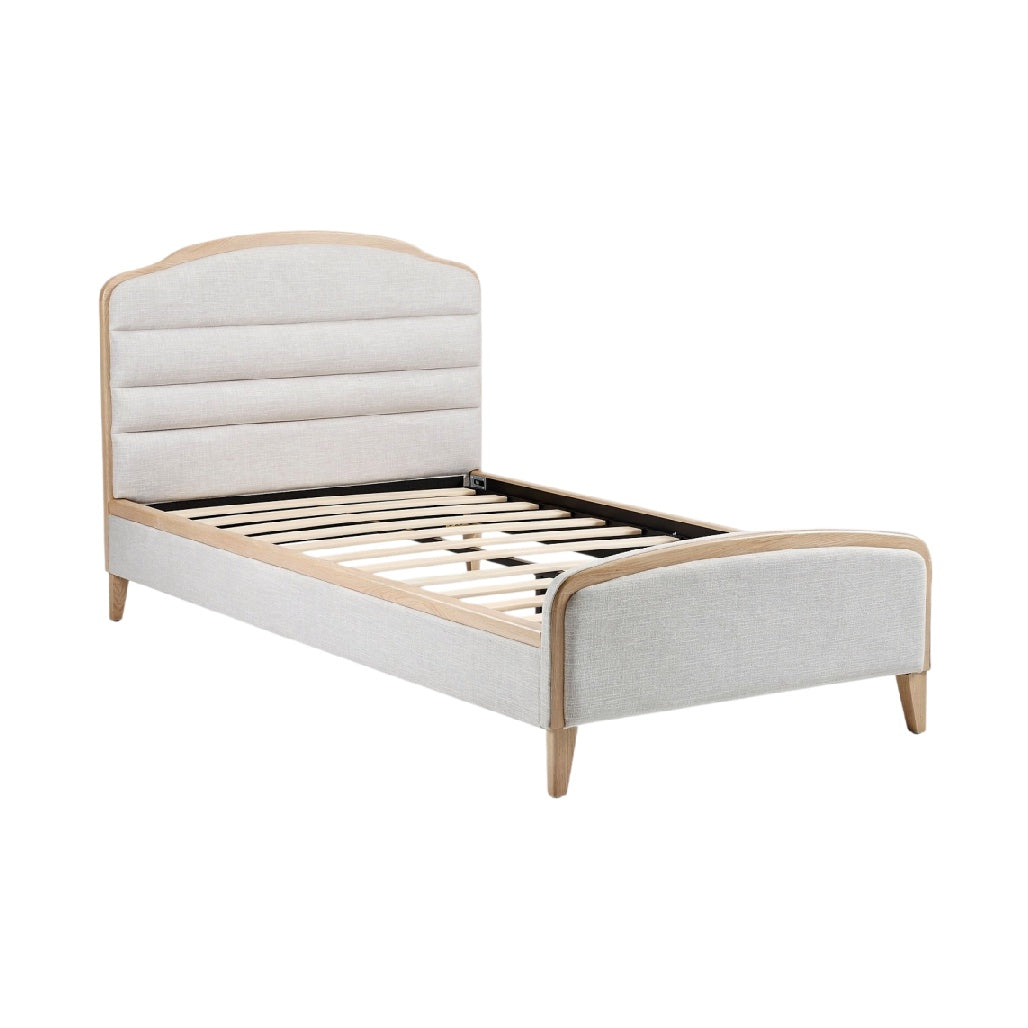 **Technische titel in het Nederlands: Moderne Eenpersoonsbed met Houten Frame en Stofbekleding**